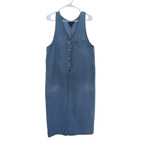 Vintage Blue J Denim Jumper Dress L‎  Sleeveless Button-Up Midi with Pockets